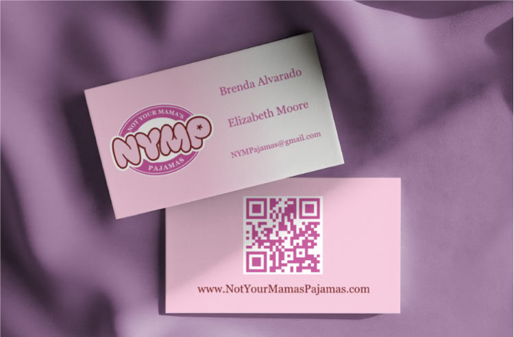 Two business cards on a purple fabric surface, one showing a logo and contact details, the other featuring a QR code and website. Below are two versions of a circular logo with "NYMP" text on white and pink backgrounds.